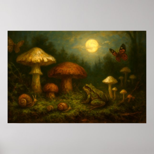 Poster Goblincore Mushrooms, Snails & Frog In Moonlight (Frente)