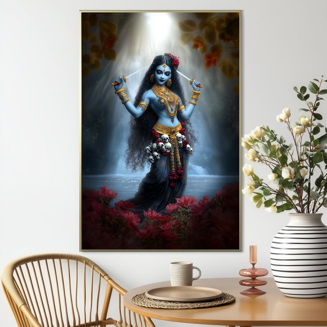 Poster Goddess Kali Ma Blue Floral Waterfall Fantasy Art (Criador carregado)