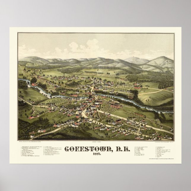 Poster Goffstown, Mapa Panorâmico NH - 1887 (Frente)