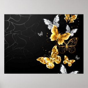 Poster Gold and white butterflies