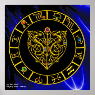 Póster GOLD ASTRAL HEART ZODIAC SIGNS Black Blue
