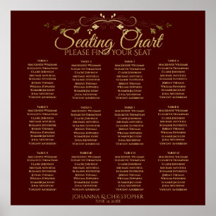 Poster Gold & Auburn Brown 12 Table Wedding Seating Chart