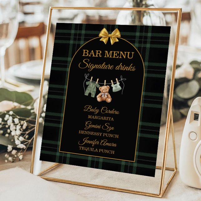 Poster Gold Bow Bear Tartan Baby Shower Bar Menu (Criador carregado)
