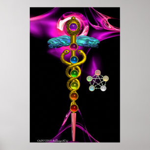 PÓSTER GOLD CADUCEUS AND 7 CHAKRAS IN PINK FRACTAL ROSE