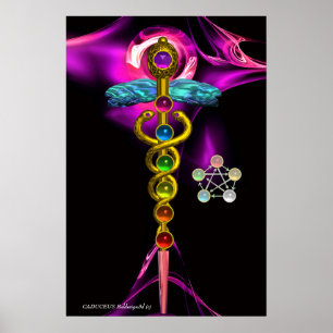 PÓSTER GOLD CADUCEUS AND 7 CHAKRAS IN PINK FRACTAL ROSE