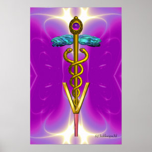 Poster GOLD CADUCEUS VETERINARY SYMBOL Pink Fuchsia