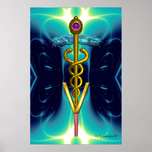 Póster GOLD CADUCEUS VETERINARY SYMBOL Teal Aqua Blue