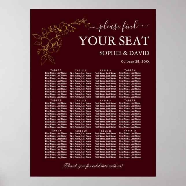 Poster Gold Deep Burgundy 12 Table Seating Chart Wedding (Frente)