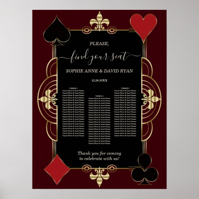 Poster Gold Deep Burgundy Casino Wedding Seating Chart  (Frente)