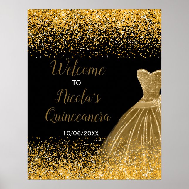 Poster Gold Dress Faux Glitter Quinceanera Welcome (Frente)