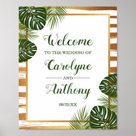 Poster Gold Foil & Green Palm Leaf Beach Weding Welcome