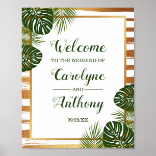 Poster Gold Foil & Green Palm Leaf Beach Weding Welcome