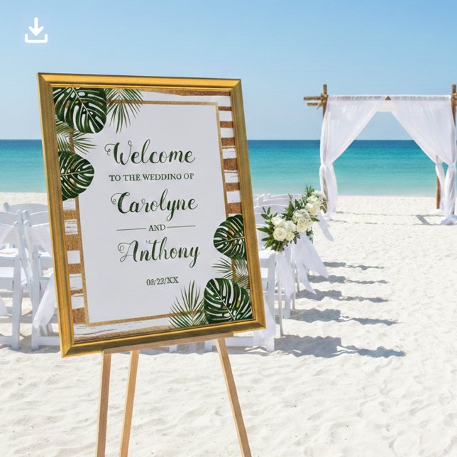 Poster Gold Foil & Green Palm Leaf Beach Weding Welcome (Criador carregado)