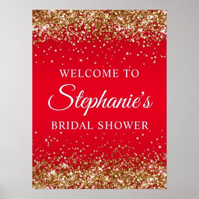 Poster Gold Glitter Red Bridal Shower Welcome (Frente)