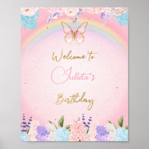 Poster Gold Pink Butterfly Birthday Welcome Sign