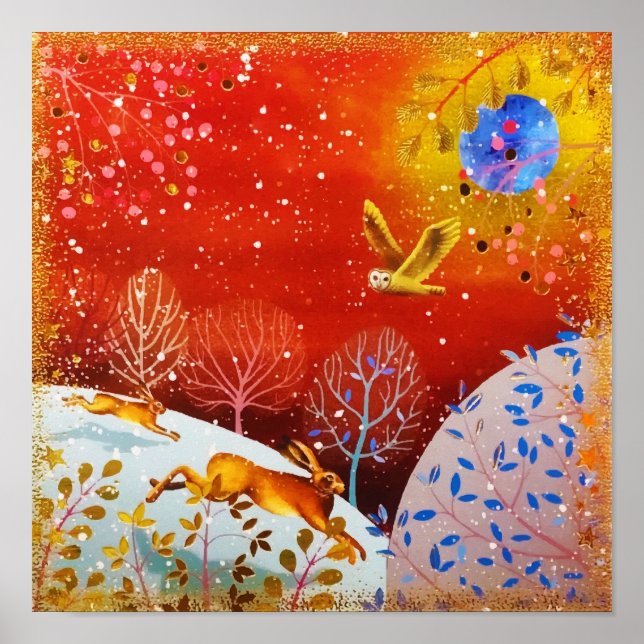 Poster Gold Winter Woodland Rabbit Owl Watercolor (Frente)
