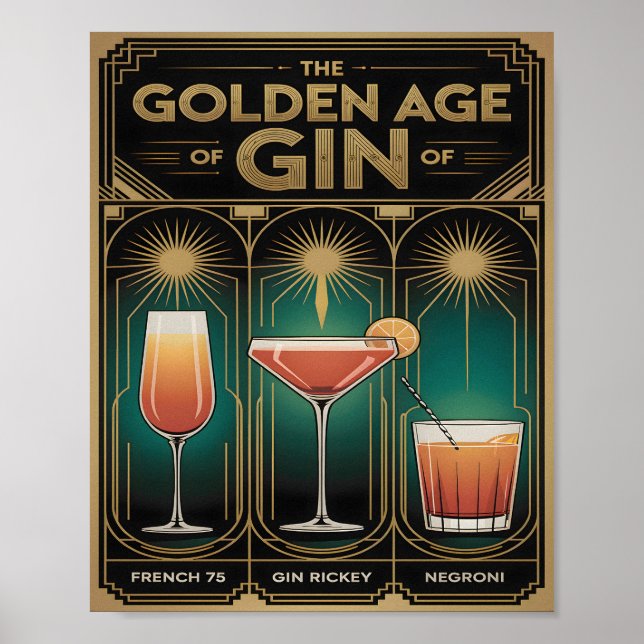 Poster Golden Age of Gin Cocktails Art Deco Bar (Frente)