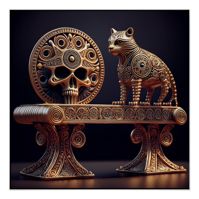 Póster Golden Android Cat On Pedestal With Skull Shield (Frente)