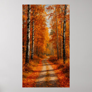 Poster 🍂 Golden Birch Forest Path in Soft Autumn Light ✨