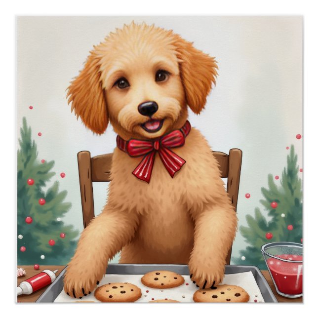 Póster Golden Doodle Decorando Biscoitos de Natal (Frente)