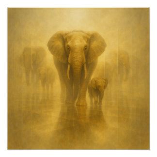 Póster Golden Elephant and Calf in a Misty Mirror Realm –