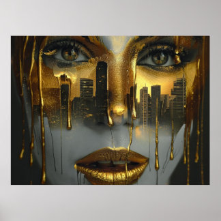 Poster Golden Face Surrealist City Urban Digital Art