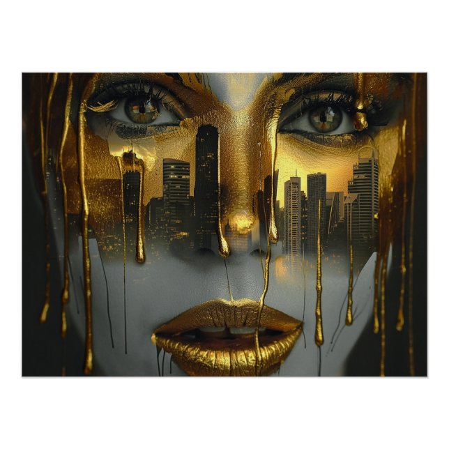 Póster Golden Face Surrealist City Urban Digital Art (Frente)