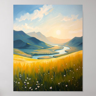 Poster Golden Field and River at Sunset
