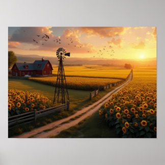 Poster Golden Fields: Sunflowers and Serenity at Sunset