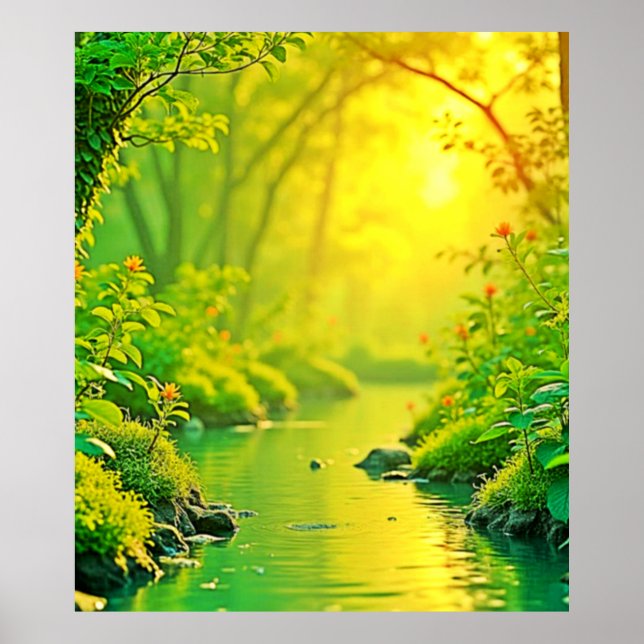 Poster Golden Forest Stream Peaceful Art (Frente)