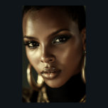 Poster Golden Glow Melanin Fierce Portrait<br><div class="desc">Golden-bronze light sculpts flawless deep brown skin, highlighting razor-sharp cheekbones, glossy lips, and piercing eyes framed by smoky glitter shadow. A sleek short natural cut and massive gold hoop earrings add bold luxury against a deep black background. The intense close-up exudes fierce confidence, unapologetic melanin beauty, cultural pride, regal power,...</div>