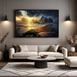 Poster Golden Horizon<br><div class="desc">A stunning landscape where the sea meets majestic mountains under a dramatic sky. Golden sunlight breaks through clouds,  illuminating sand and rocks. Ideal for bringing calm and grandeur to any space. Digital art capturing nature's raw and serene beauty with perfection.</div>
