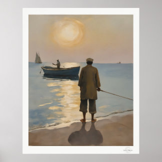 Poster Golden Hour Fisherman at Sea Oil Painting