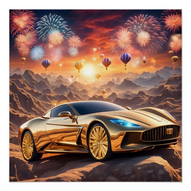 Póster golden luxury car in a desert landscape (Frente)