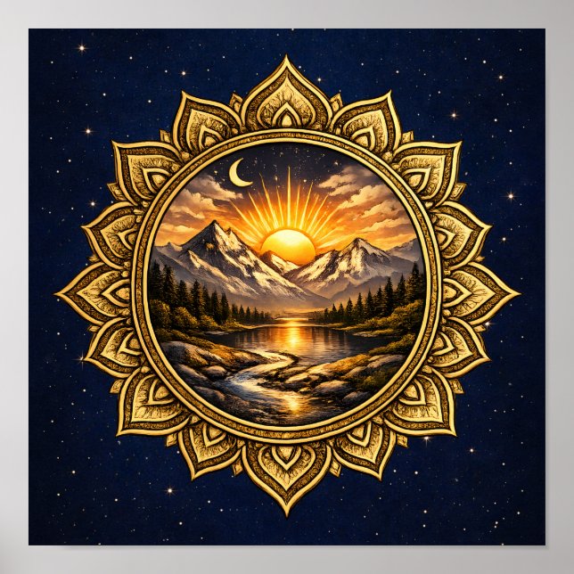 Poster Golden Mandala Mountain Sunset Cosmic Boho Nature (Frente)