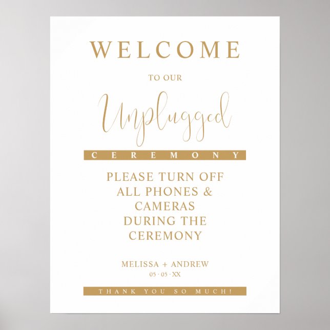 Poster Golden Minimalist Unplugged Wedding Sign (Frente)