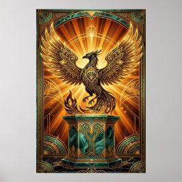 Poster Golden Phoenix Rising Art Deco Illustration