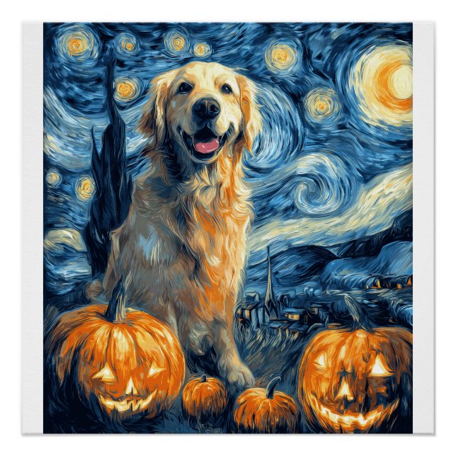 Póster Golden Retriever Abóbora Noite Estrelada Mãe de Ca (Frente)