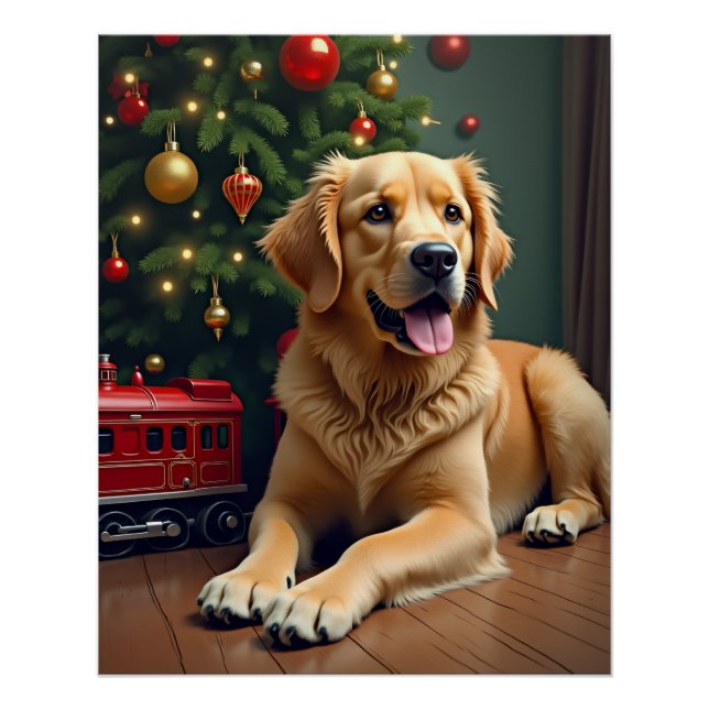 Póster Golden Retriever by the Toy Train Christmas (Frente)