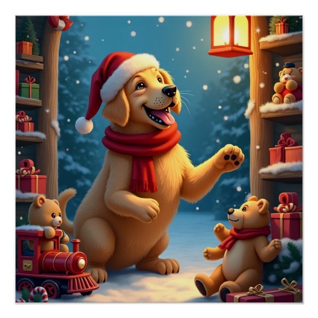 Póster Golden Retriever in Santa’s Workshop Christmas (Frente)