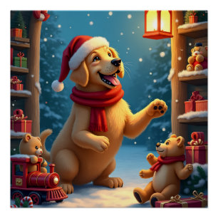 Póster Golden Retriever na Oficina do Papai Noel Natal
