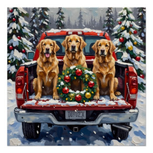 Póster Golden Retriever Natal Caminhão Vermelho Férias