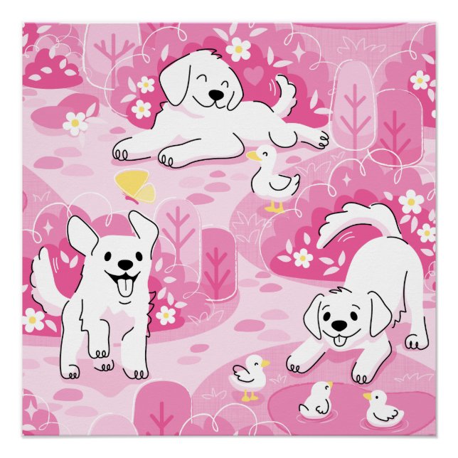 Póster Golden Retriever Puppy in Pink Garden (Frente)