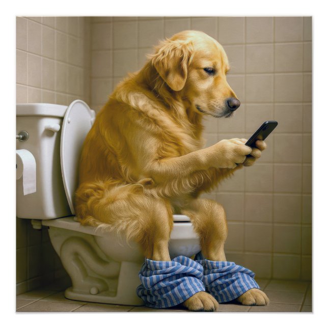 Póster Golden Retriever Sitting On the Toilet Texting (Frente)