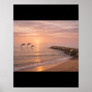 Poster Golden Sunset Dolphins Beach Canvas Wall Art | Coa