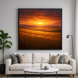 Poster Golden Valley - Sunset Wheat Field Painting Style