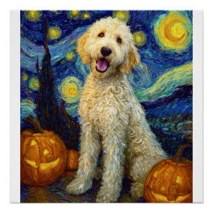 Póster Goldendoodle Cachorro Fofo Dia das Bruxas Abóbora