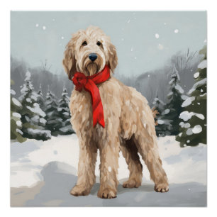 Póster Goldendoodle Cachorro na Neve Natal 