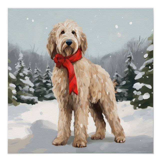 Póster Goldendoodle Cachorro na Neve Natal  (Frente)