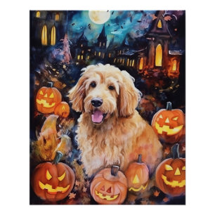 Póster Goldendoodle do Halloween Com Pumpkins Assustado